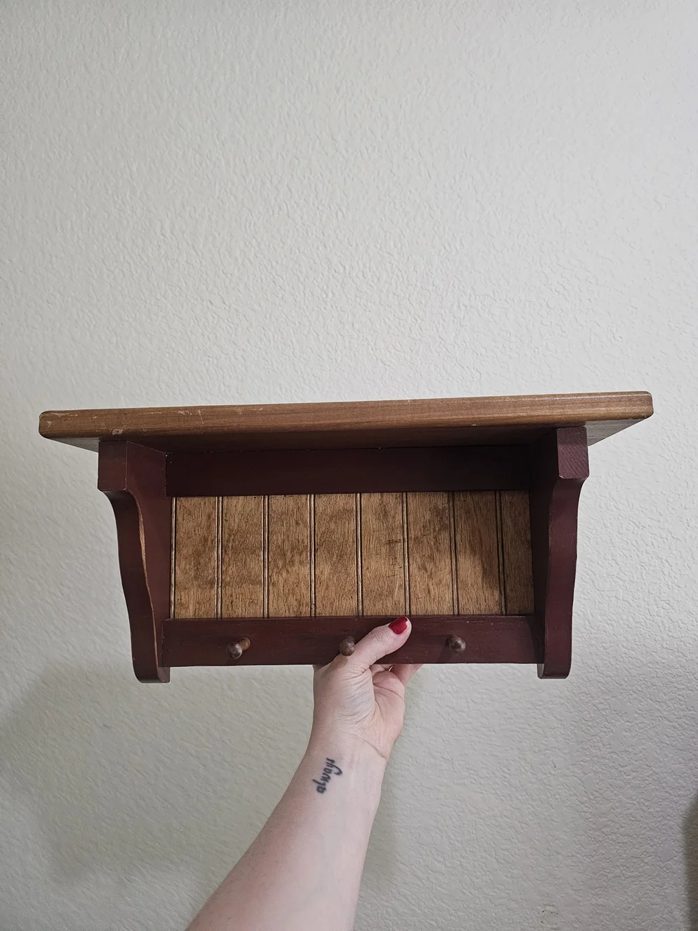 Two-Tone Brown Wall Shelf with Three Hooks - Unbranded